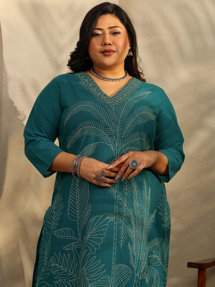 Plus Size Teal Printed Cotton Straight Suit Set With Dupatta