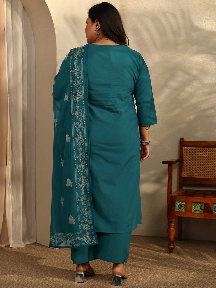 Plus Size Teal Printed Cotton Straight Suit Set With Dupatta