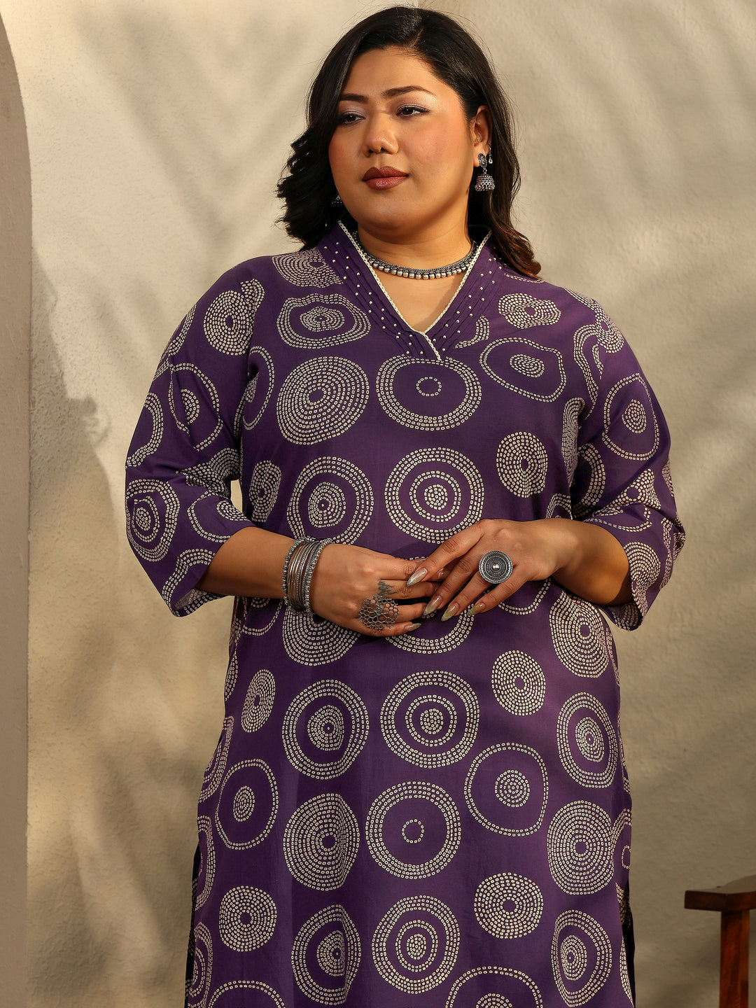 Plus Size Bandhani Printed Cotton Straight Suit Set With Dupatta