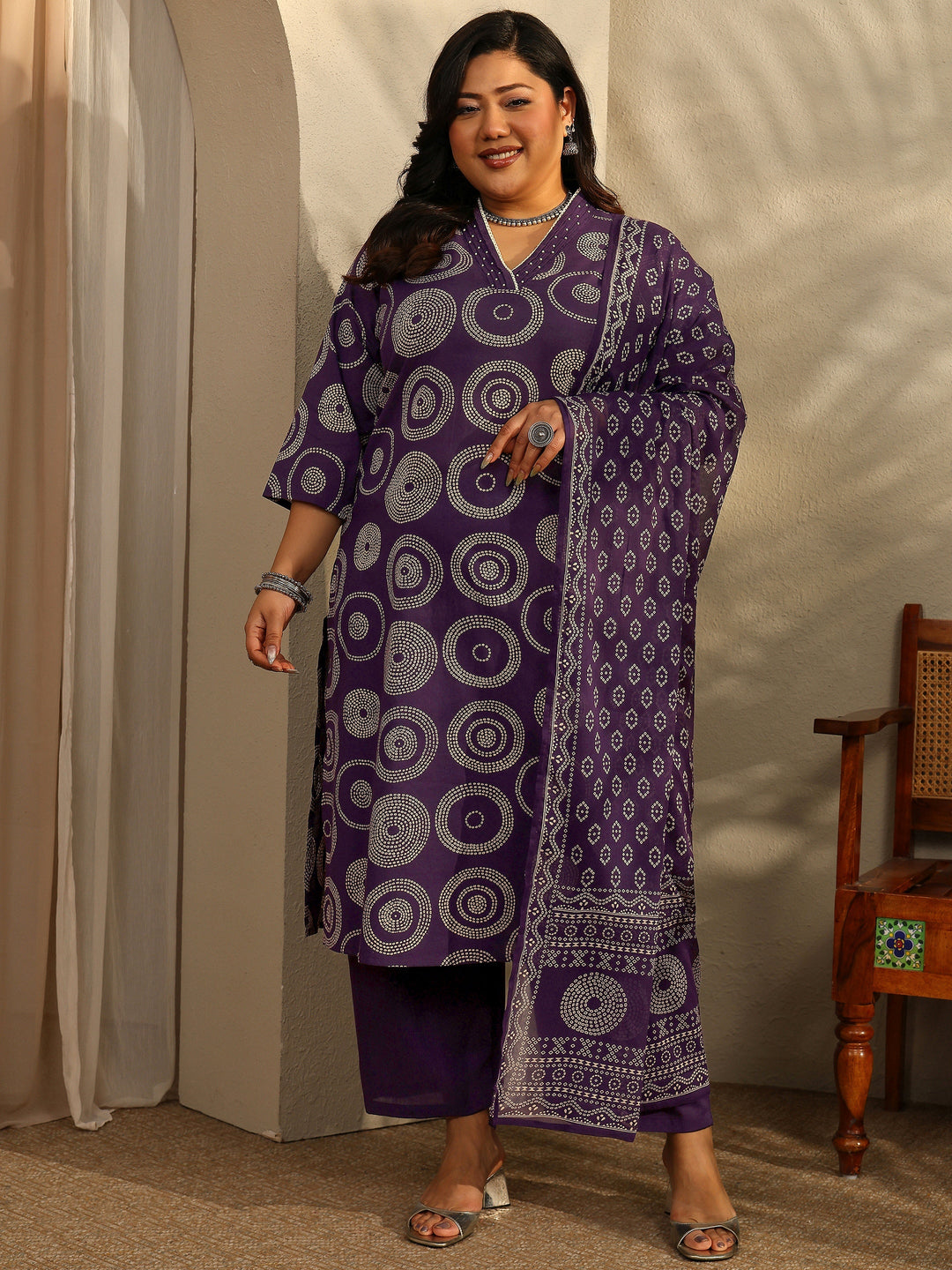 Plus Size Bandhani Printed Cotton Straight Suit Set With Dupatta
