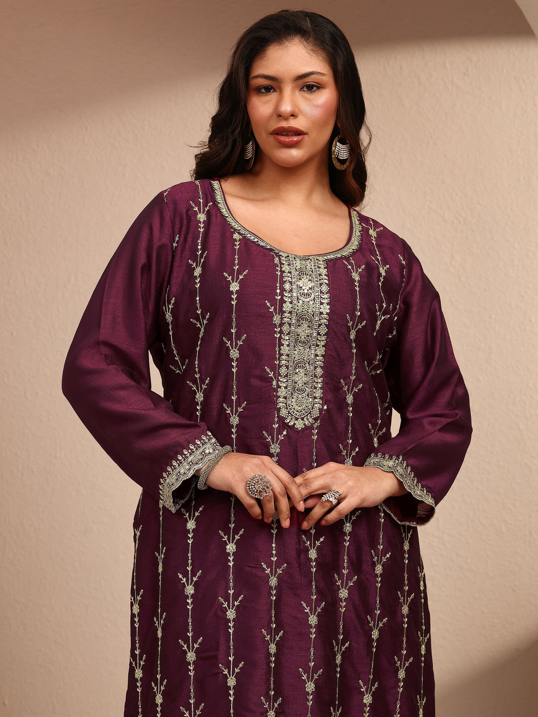 Plus Size Burgundy Embroidered Plus Size Clothing Silk Blend Straight Suit Set With Dupatta
