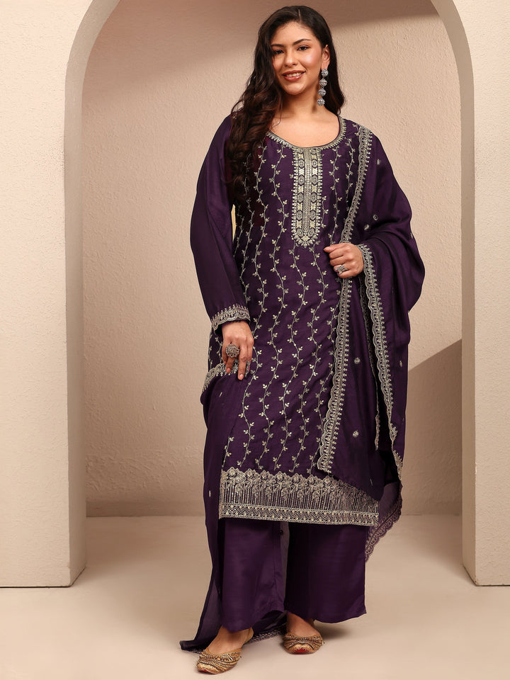 Plus Size Burgundy Embroidered Plus Size Clothing Silk Blend Straight Suit Set With Dupatta