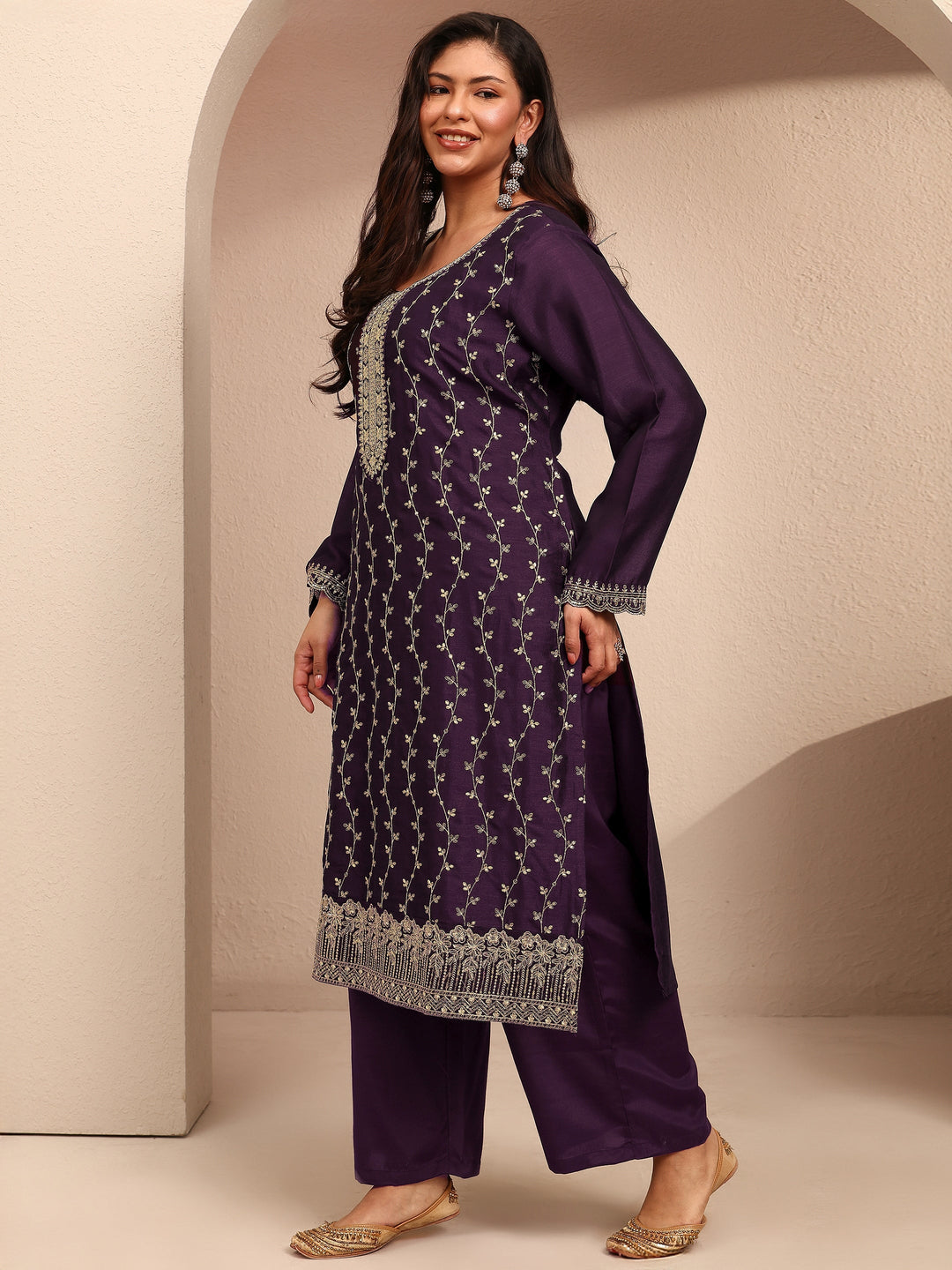 Plus Size Burgundy Embroidered Plus Size Clothing Silk Blend Straight Suit Set With Dupatta