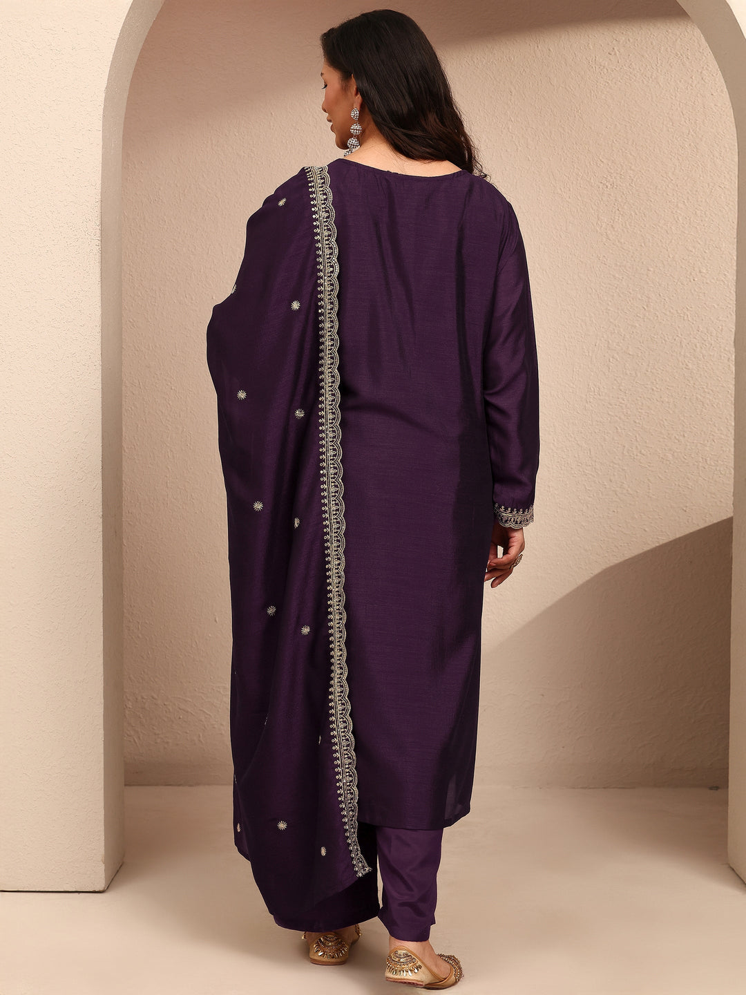 Plus Size Burgundy Embroidered Plus Size Clothing Silk Blend Straight Suit Set With Dupatta