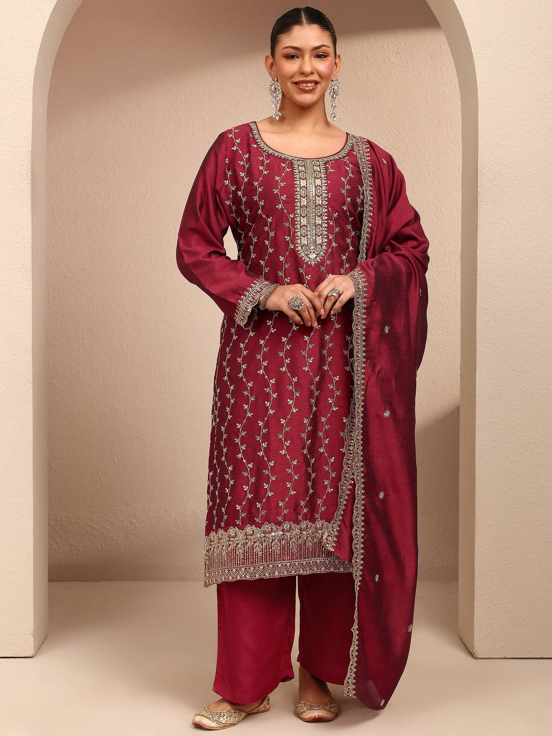 Plus Size Maroon Embroidered Silk Blend Straight Suit Set With Dupatta