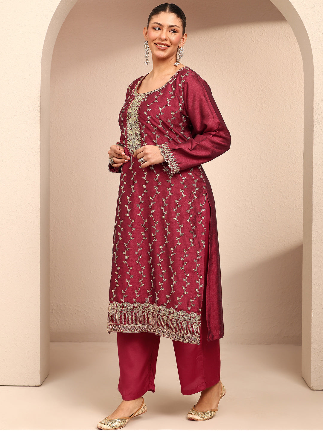 Plus Size Maroon Embroidered Silk Blend Straight Suit Set With Dupatta