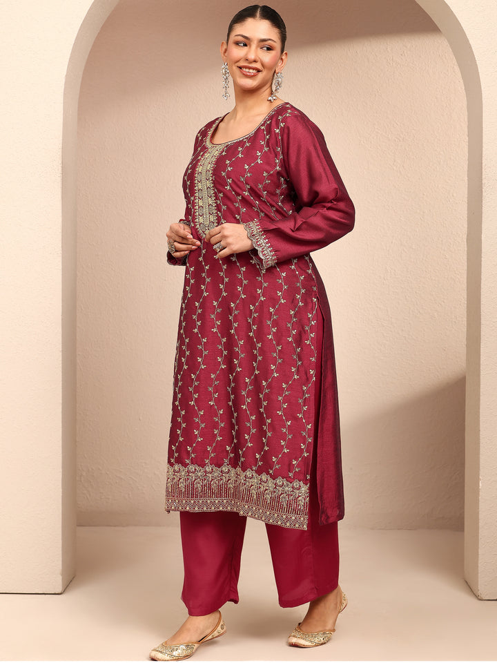 Plus Size Maroon Embroidered Silk Blend Straight Suit Set With Dupatta