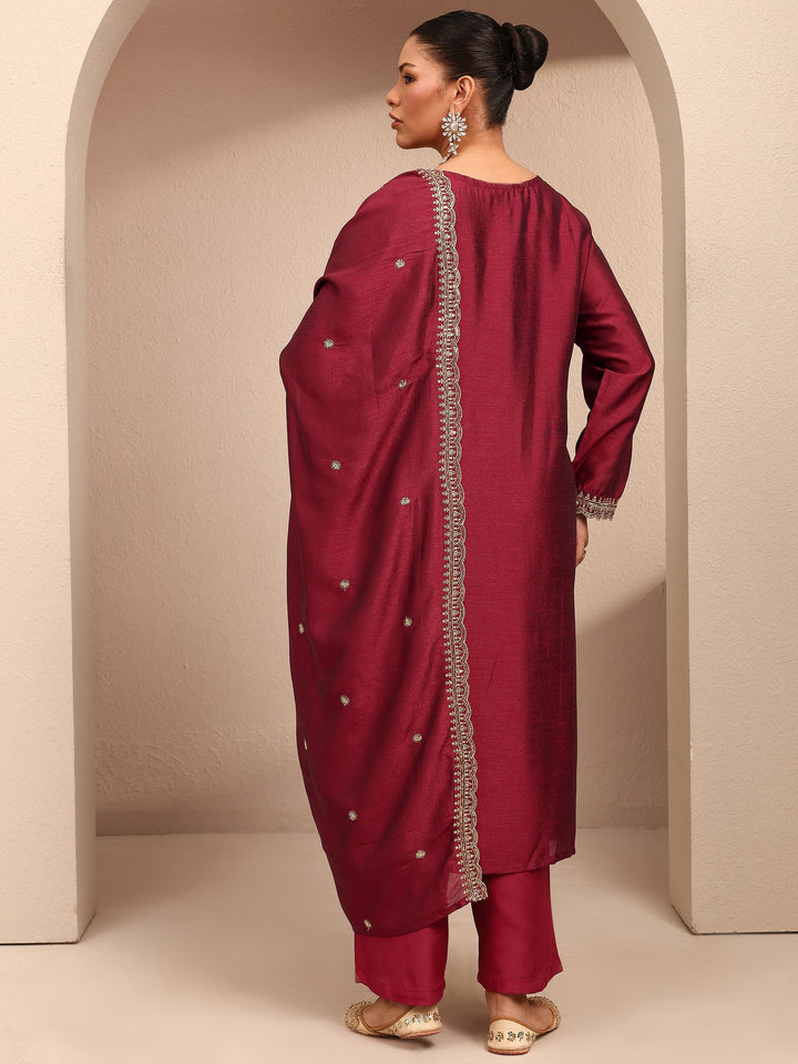 Plus Size Maroon Embroidered Silk Blend Straight Suit Set With Dupatta