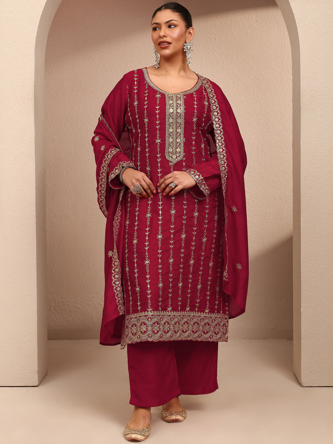 Plus Size Red Embroidered Plus Size Clothing Silk Blend Straight Suit Set With Dupatta