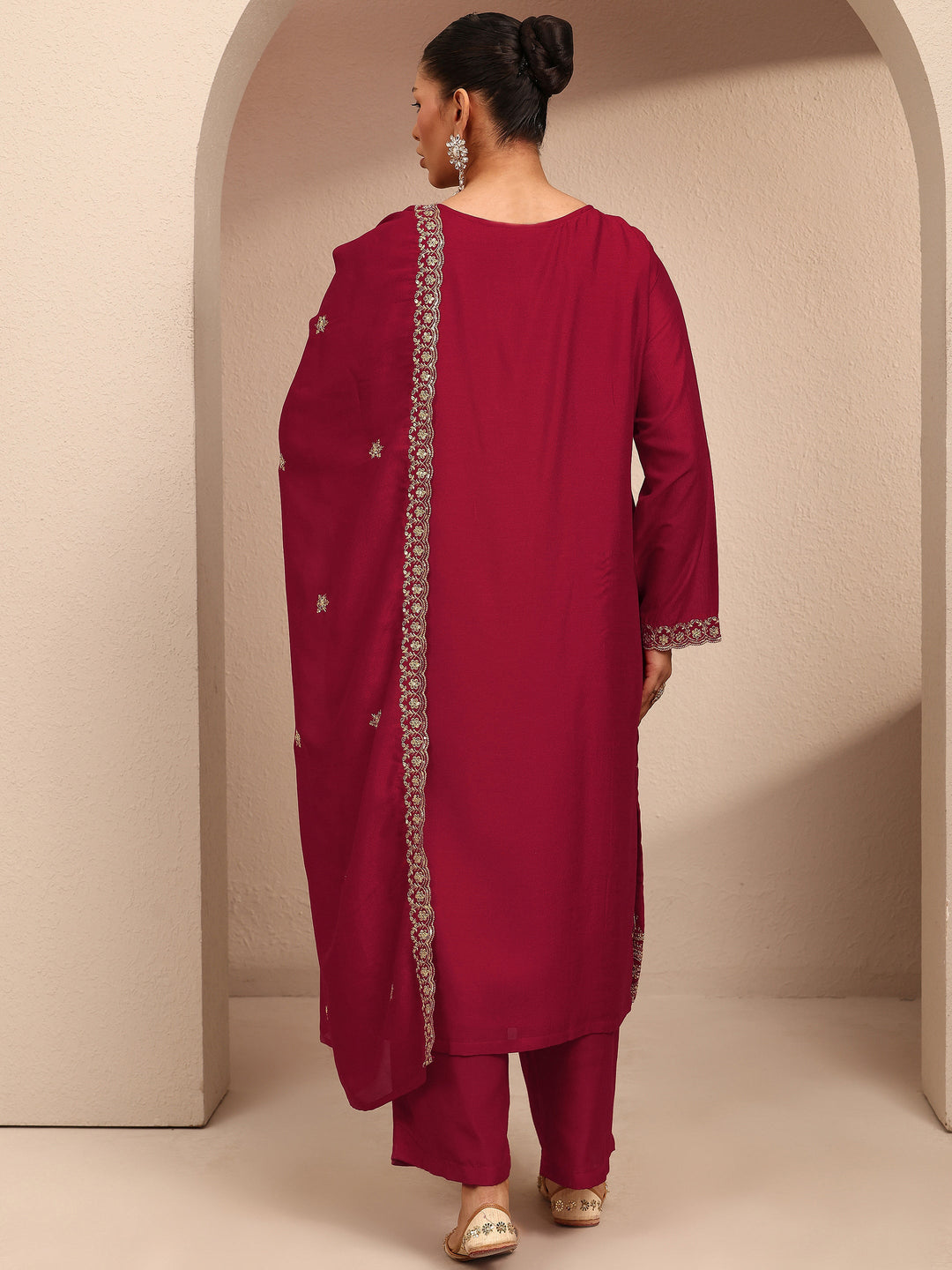 Plus Size Red Embroidered Plus Size Clothing Silk Blend Straight Suit Set With Dupatta