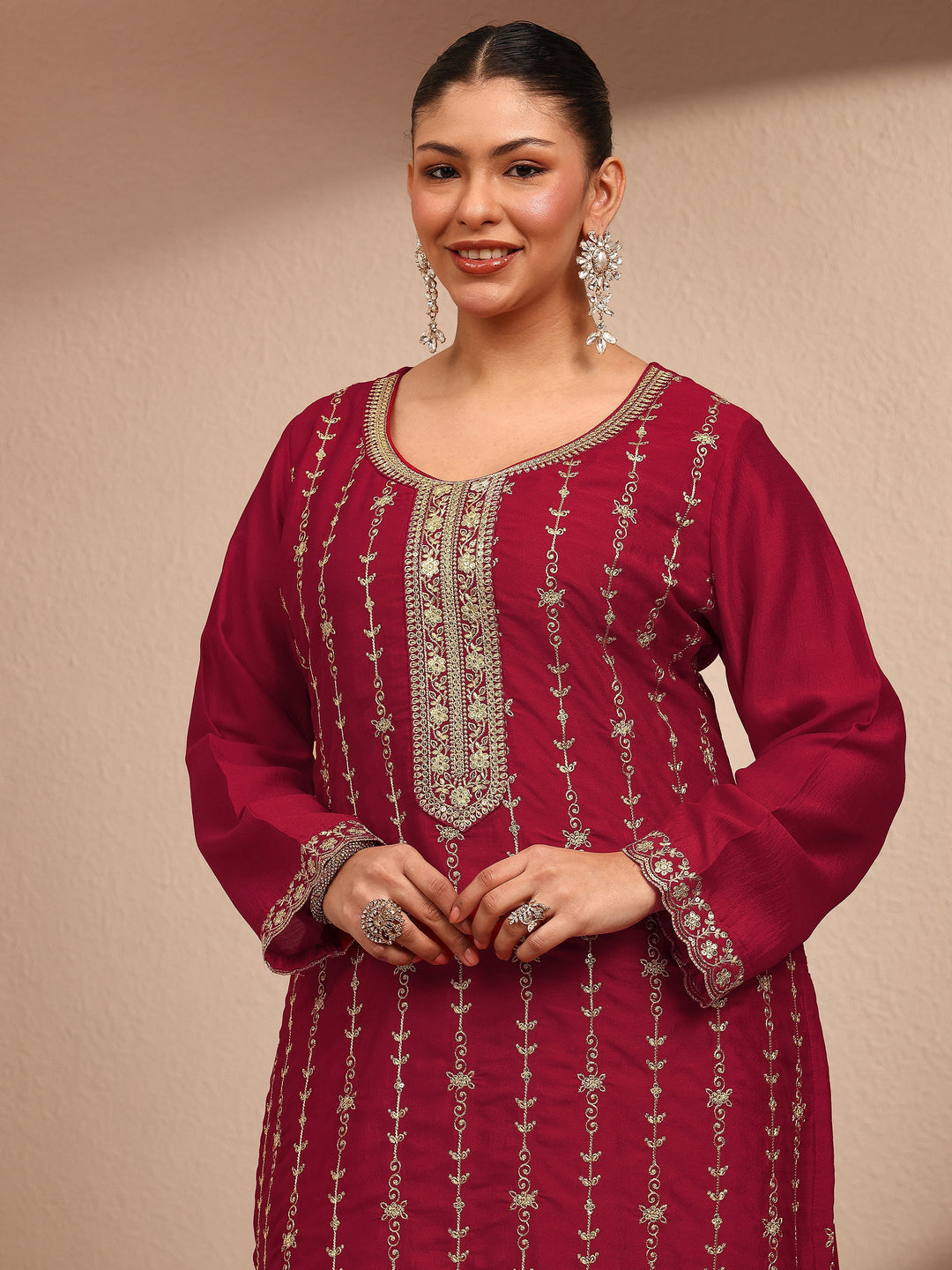 Plus Size Red Embroidered Plus Size Clothing Silk Blend Straight Suit Set With Dupatta