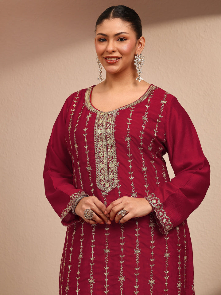 Plus Size Red Embroidered Plus Size Clothing Silk Blend Straight Suit Set With Dupatta