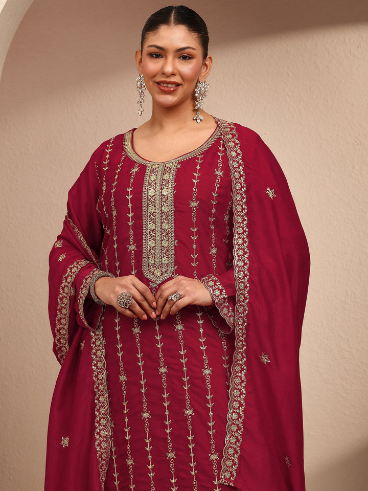 Plus Size Red Embroidered Plus Size Clothing Silk Blend Straight Suit Set With Dupatta