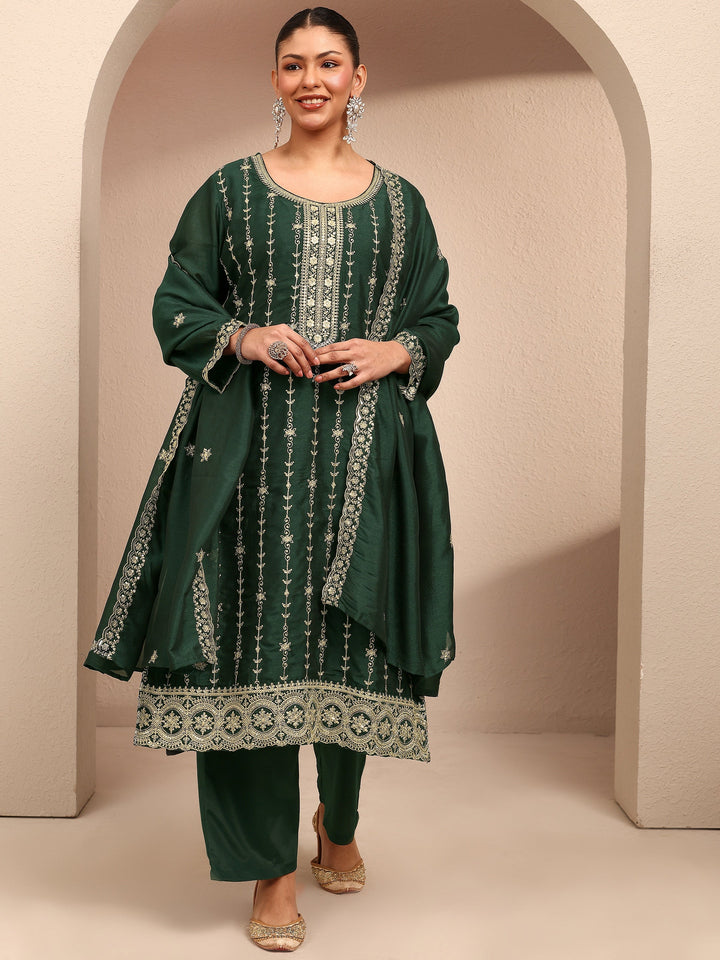 Plus Size Green Embroidered Plus Size Clothing Silk Blend Straight Suit Set With Dupatta