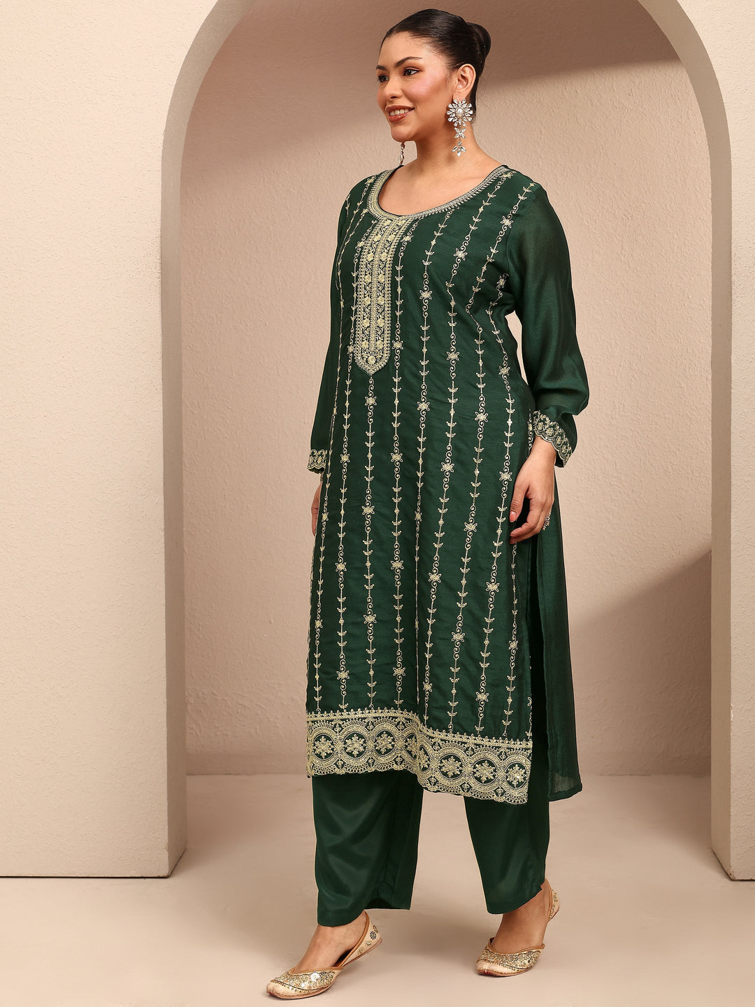 Plus Size Green Embroidered Plus Size Clothing Silk Blend Straight Suit Set With Dupatta