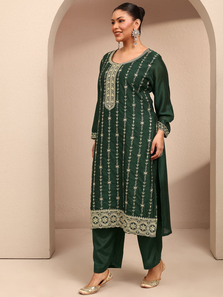 Plus Size Green Embroidered Plus Size Clothing Silk Blend Straight Suit Set With Dupatta