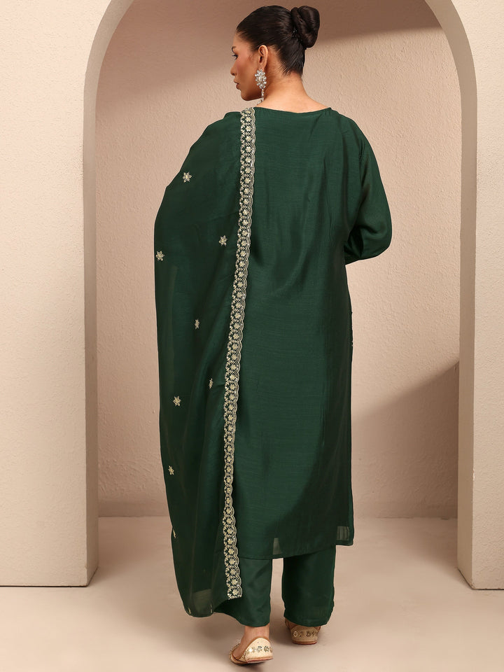 Plus Size Green Embroidered Plus Size Clothing Silk Blend Straight Suit Set With Dupatta