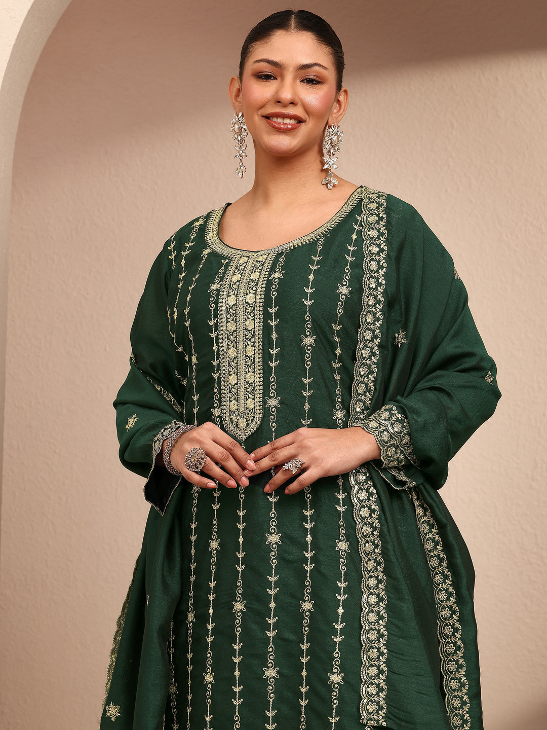 Plus Size Green Embroidered Plus Size Clothing Silk Blend Straight Suit Set With Dupatta