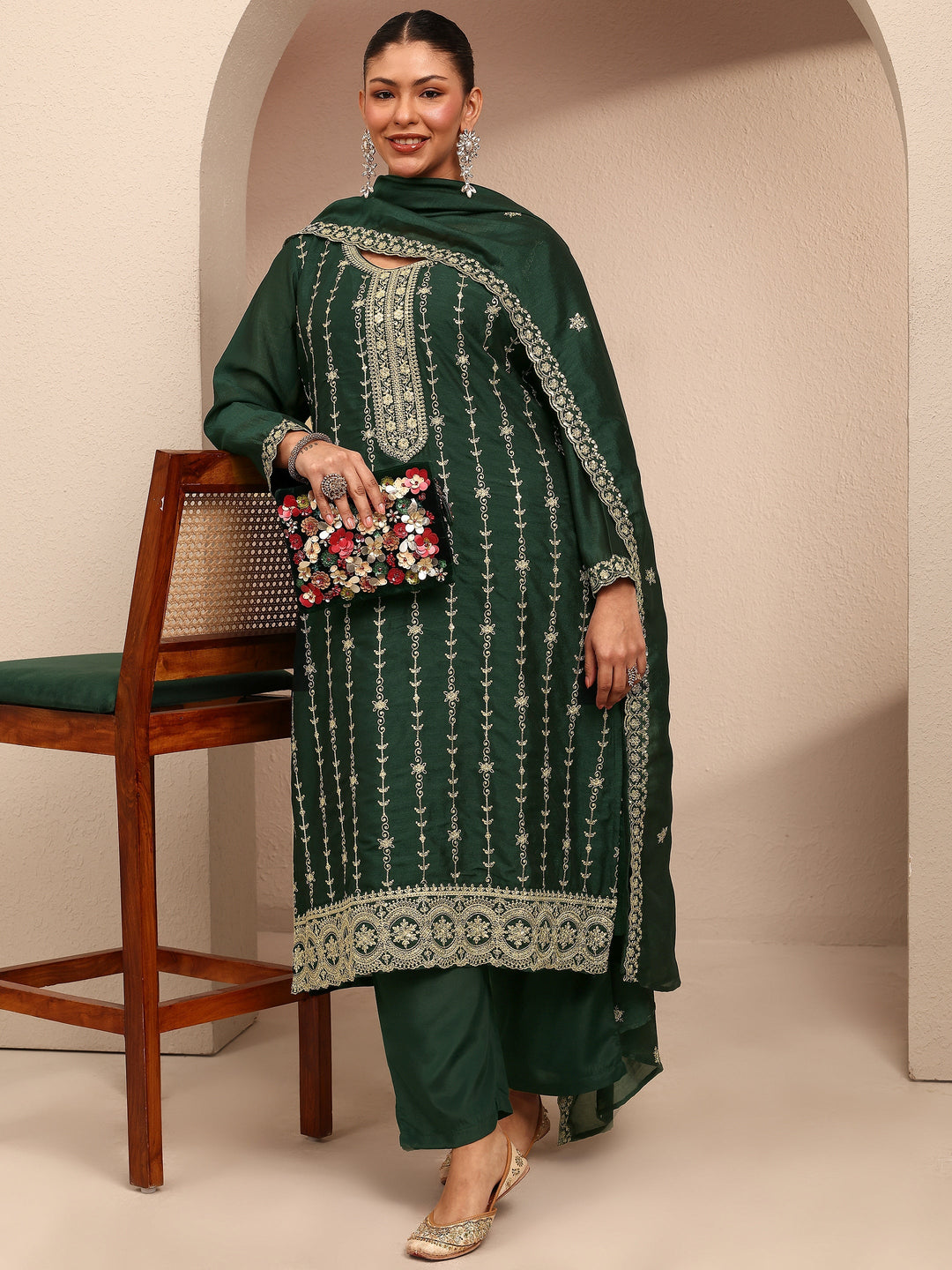 Plus Size Green Embroidered Plus Size Clothing Silk Blend Straight Suit Set With Dupatta