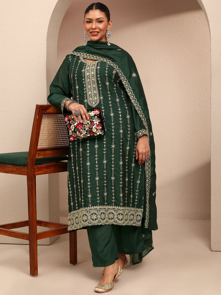 Plus Size Green Embroidered Plus Size Clothing Silk Blend Straight Suit Set With Dupatta