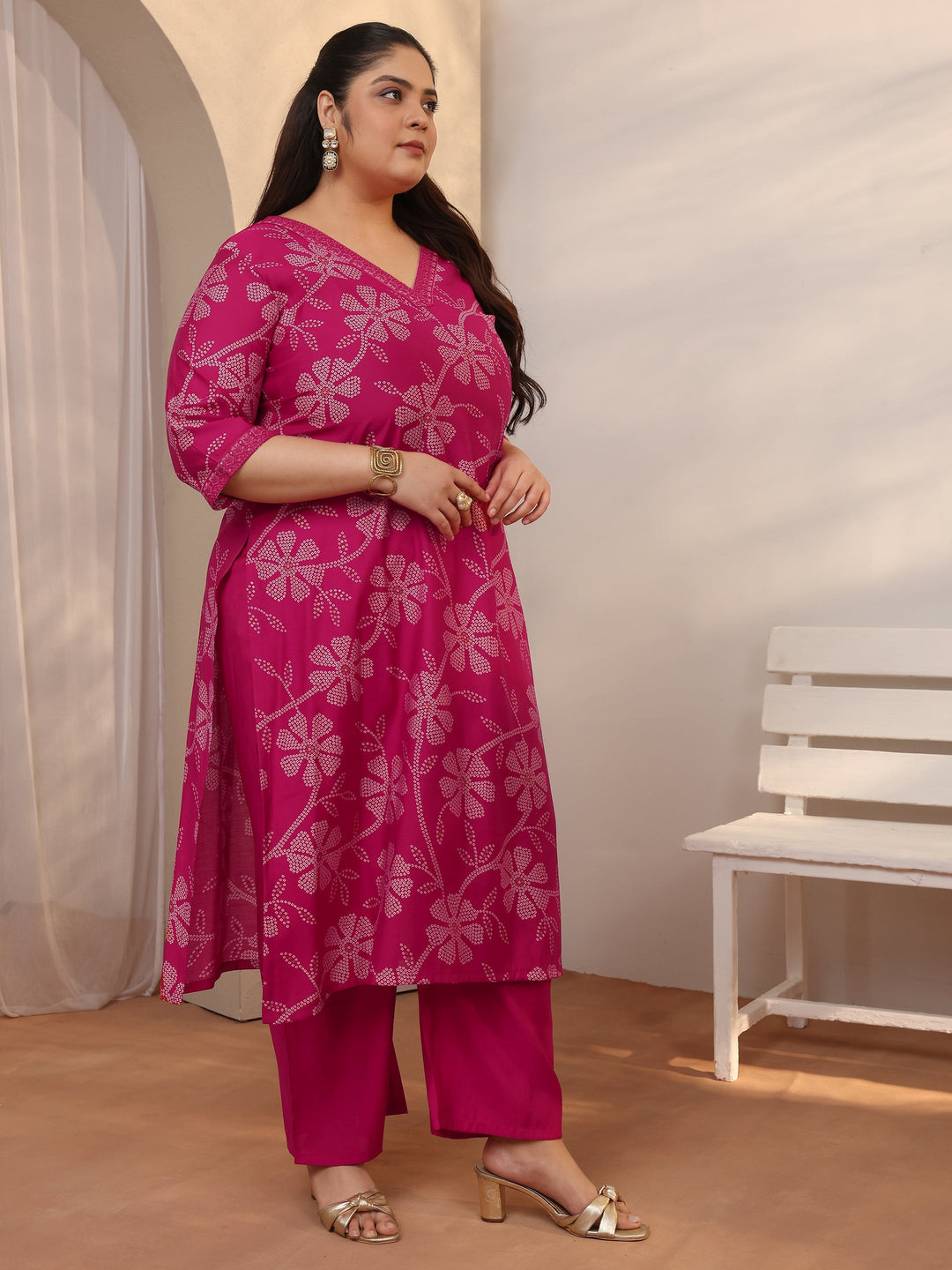 Plus Size Pink Printed Silk blend A-line Suit Set With Dupatta
