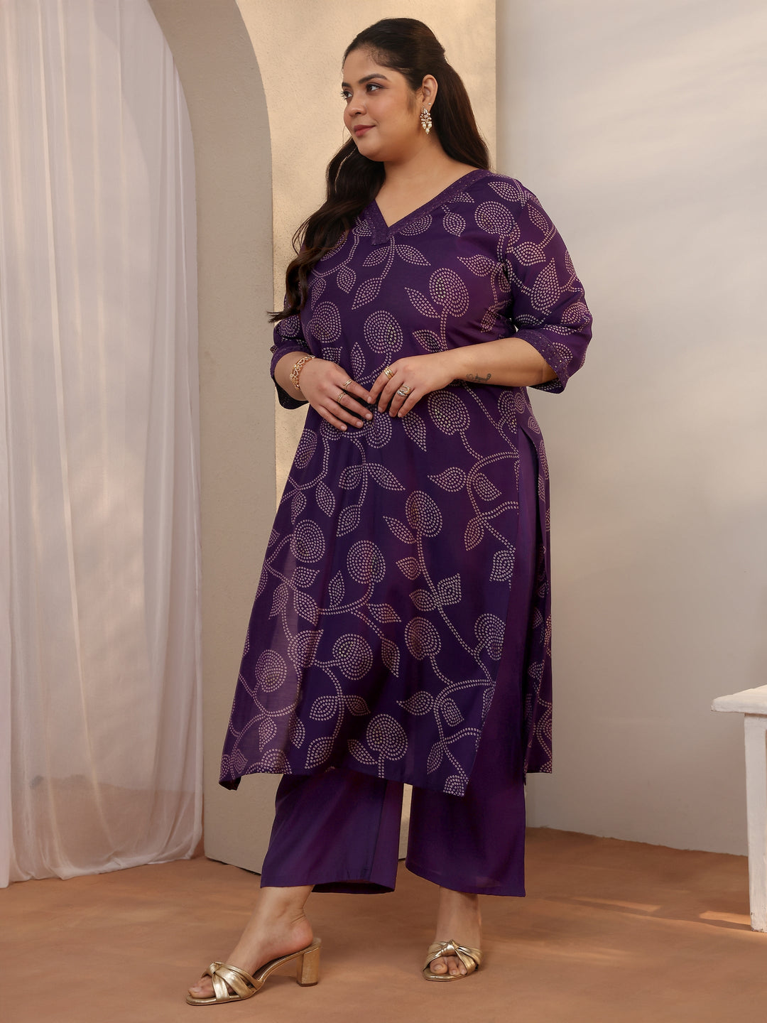 Plus Size Purple Bandhani Printed Silk blend Straight Suit Set With Dupatta