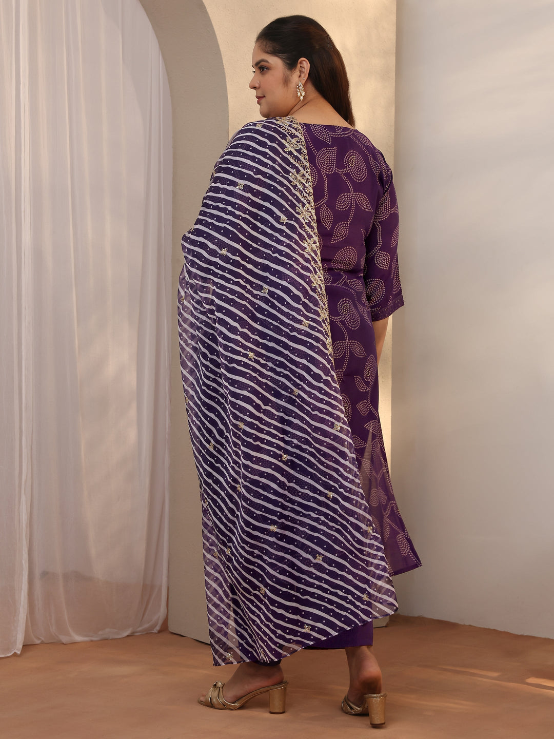 Plus Size Purple Bandhani Printed Silk blend Straight Suit Set With Dupatta
