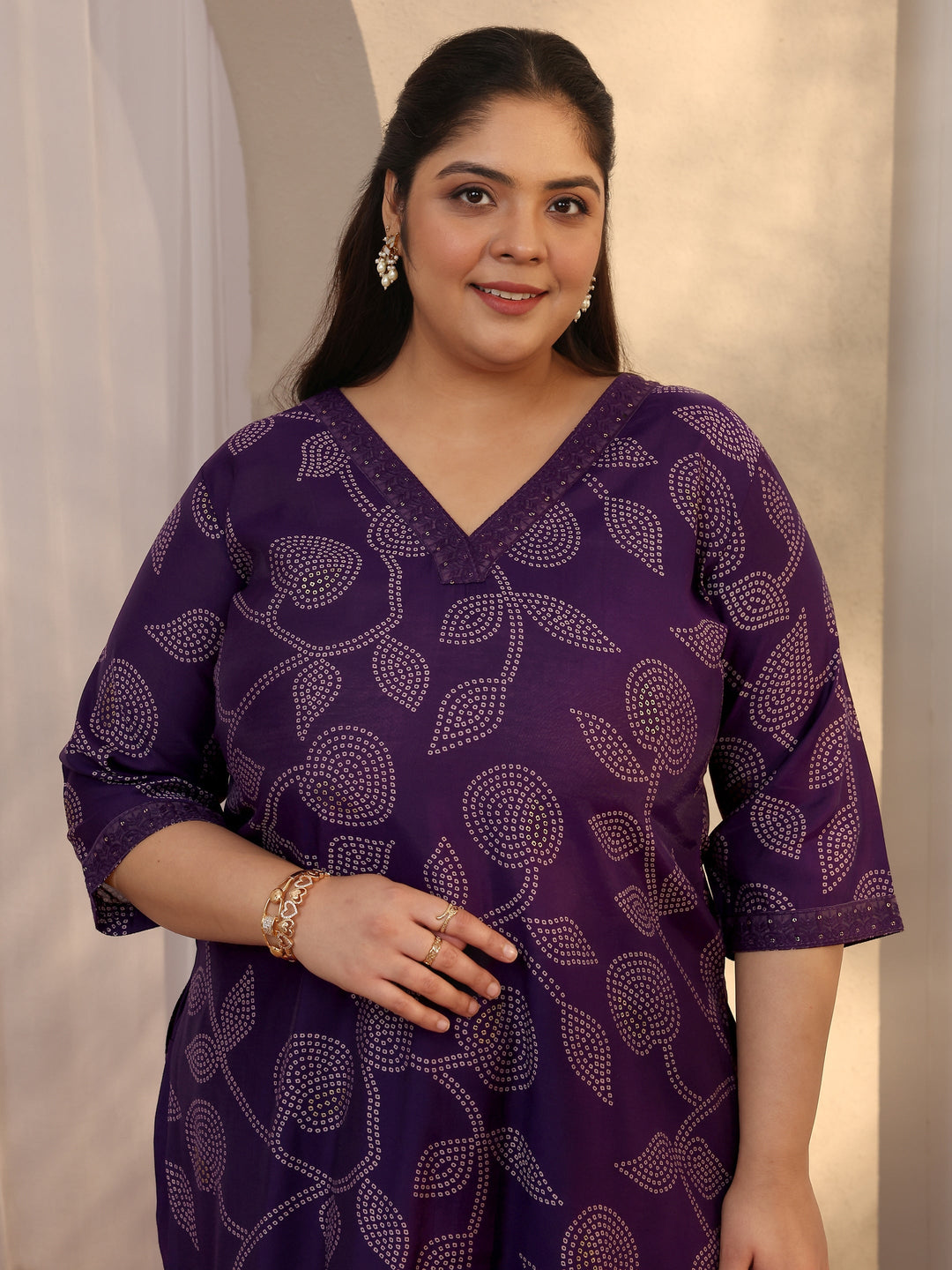 Plus Size Purple Bandhani Printed Silk blend Straight Suit Set With Dupatta