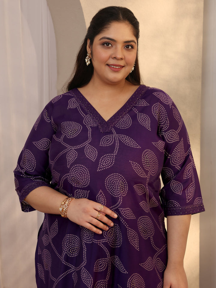 Plus Size Purple Bandhani Printed Silk blend Straight Suit Set With Dupatta