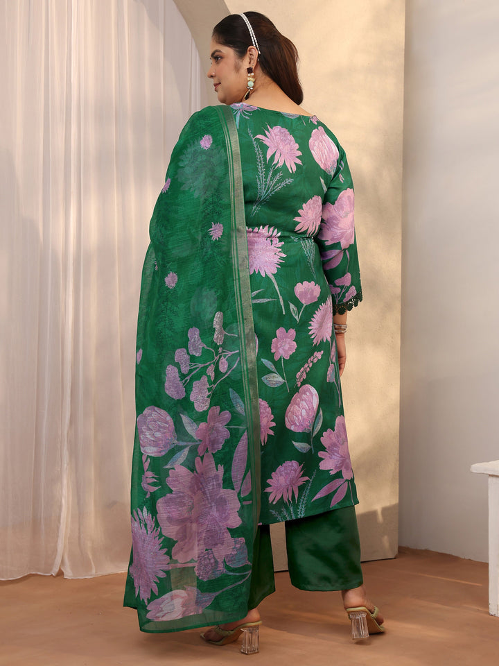 Plus Size Green Printed Linen Straight Suit Set With Dupatta