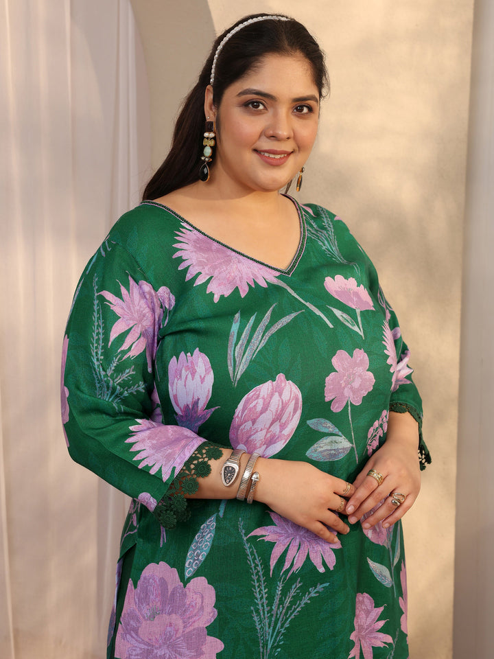 Plus Size Green Printed Linen Straight Suit Set With Dupatta