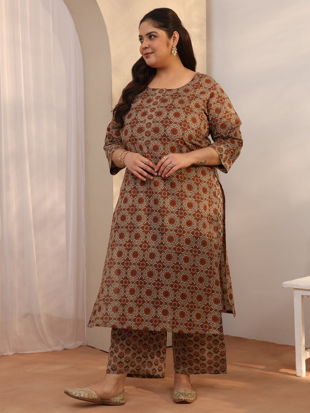 Plus Size Grey Printed Cotton Straight Suit Set With Dupatta