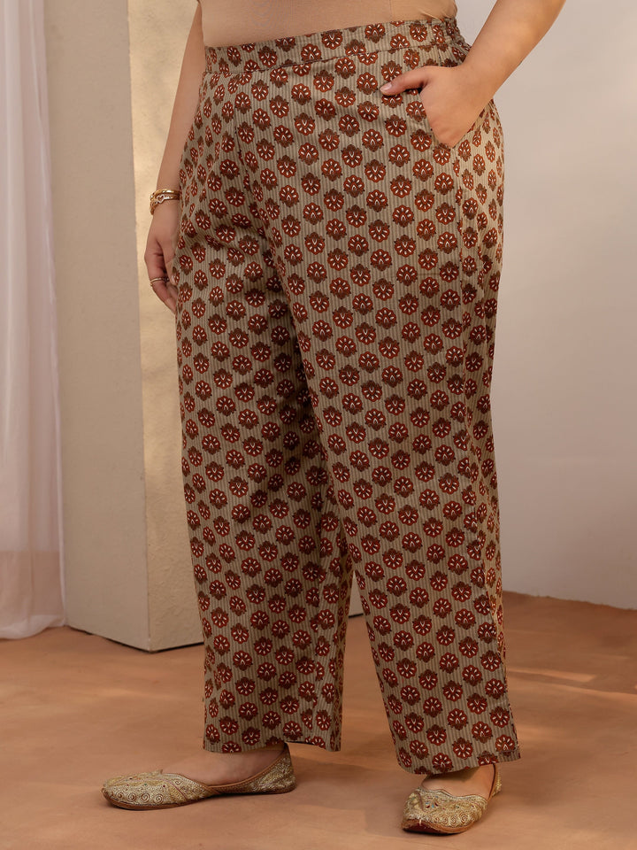 Plus Size Grey Printed Cotton Straight Suit Set With Dupatta