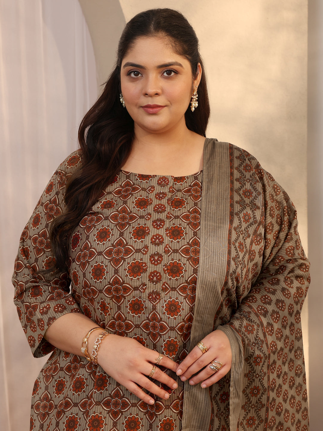 Plus Size Grey Printed Cotton Straight Suit Set With Dupatta