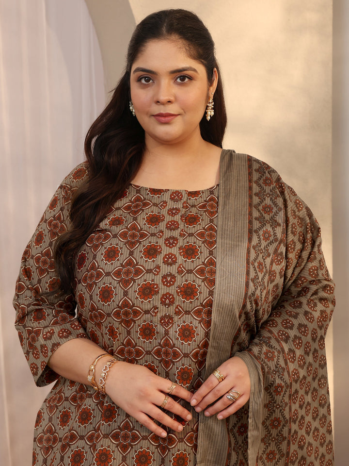 Plus Size Grey Printed Cotton Straight Suit Set With Dupatta