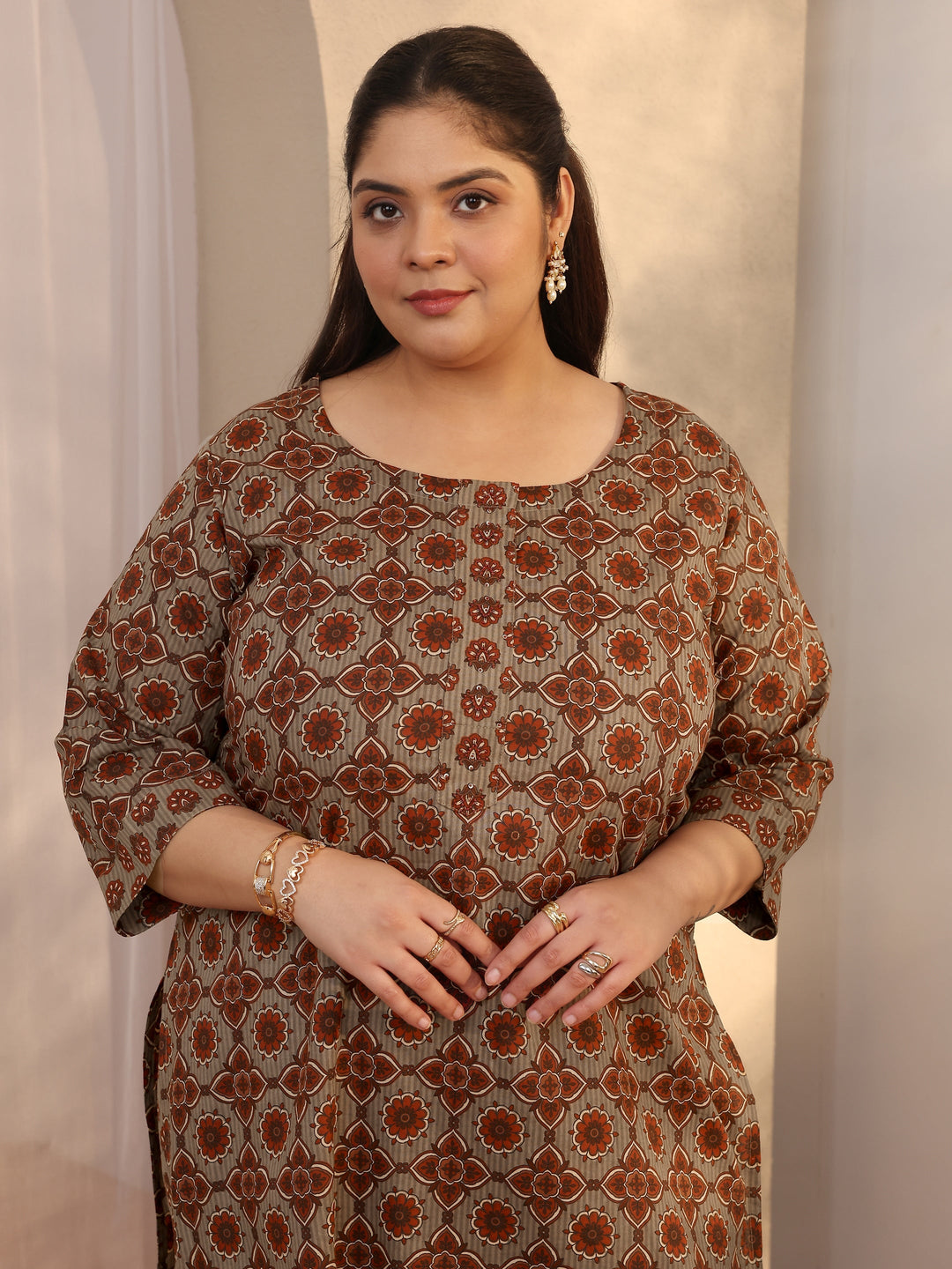 Plus Size Grey Printed Cotton Straight Suit Set With Dupatta