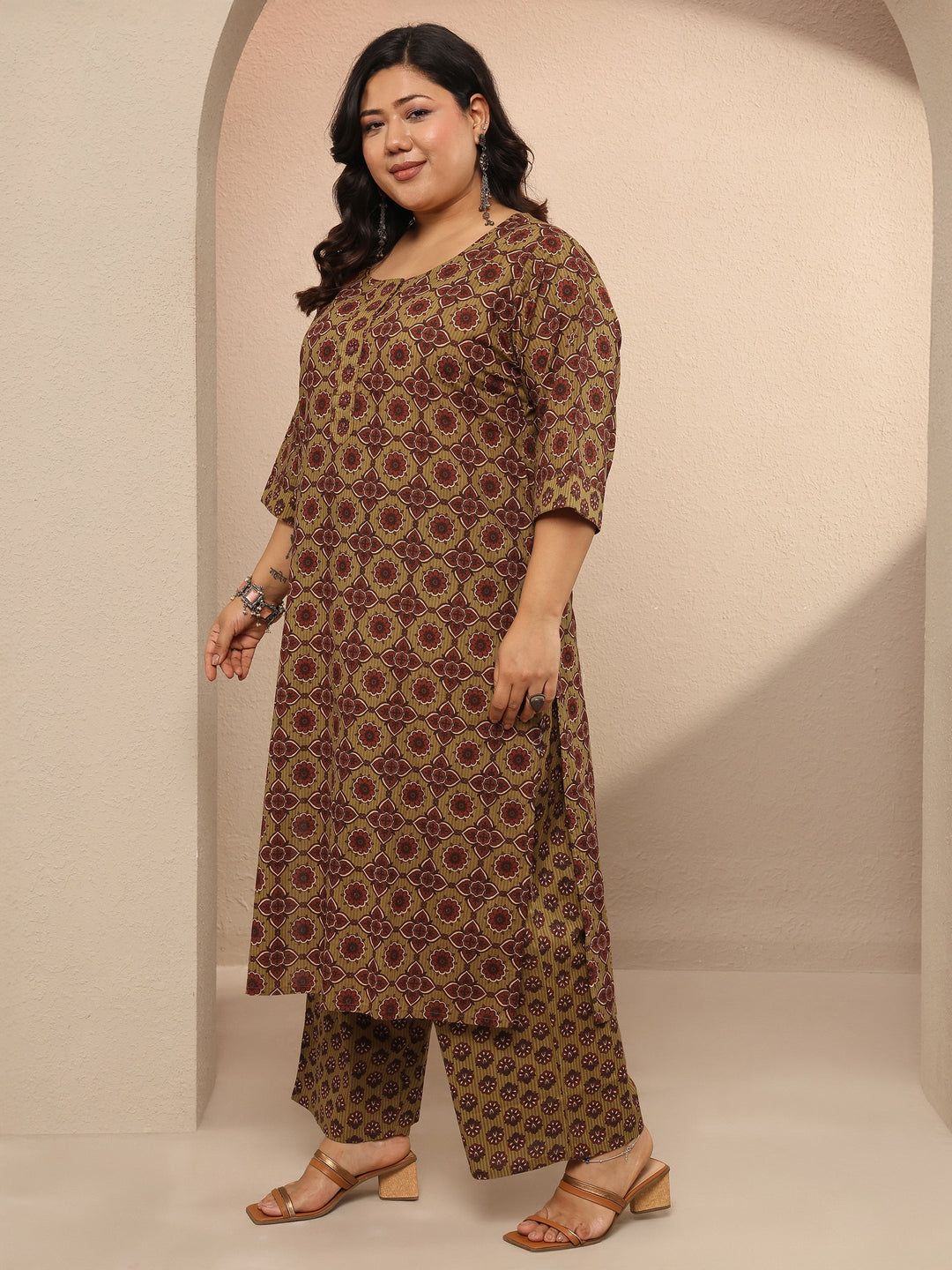 Plus Size Mustard Printed Cotton Straight Suit Set With Dupatta