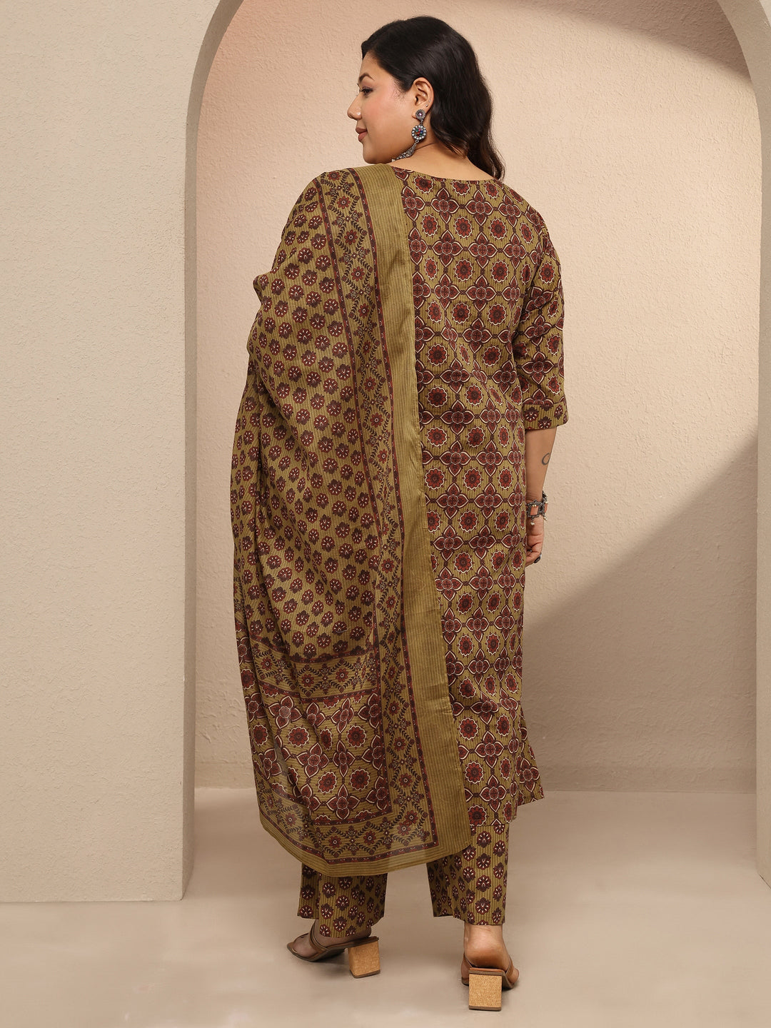 Plus Size Mustard Printed Cotton Straight Suit Set With Dupatta