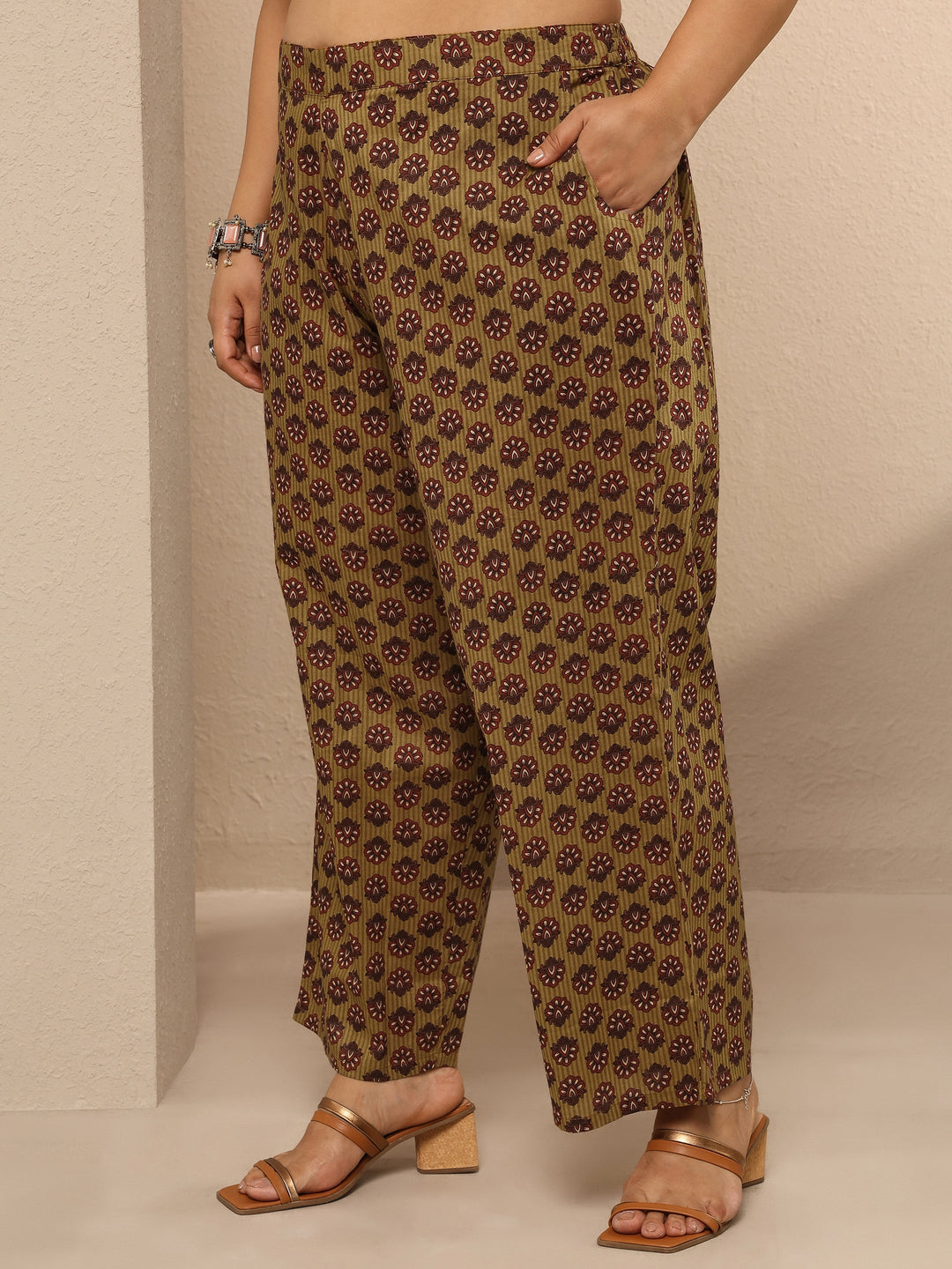 Plus Size Mustard Printed Cotton Straight Suit Set With Dupatta