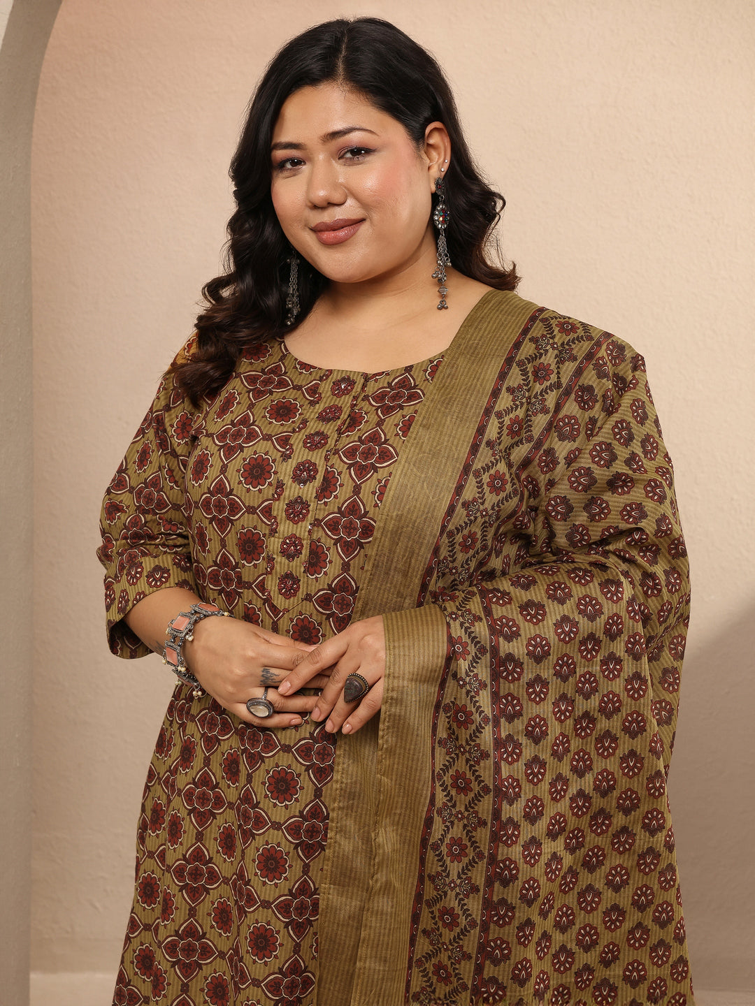 Plus Size Mustard Printed Cotton Straight Suit Set With Dupatta