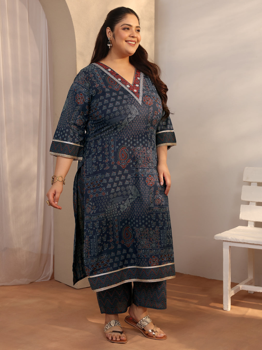 Plus Size Blue Printed Cotton Straight Suit Set With Dupatta