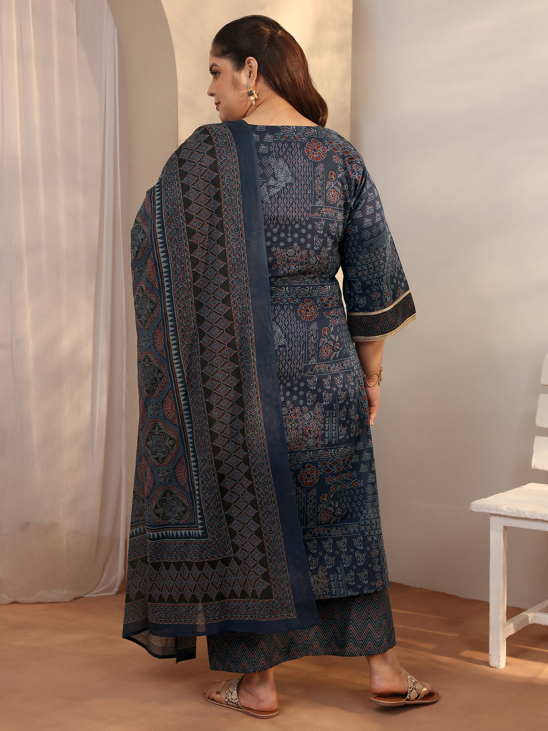 Plus Size Blue Printed Cotton Straight Suit Set With Dupatta