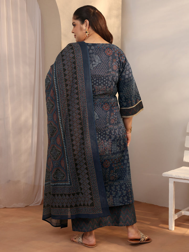 Plus Size Blue Printed Cotton Straight Suit Set With Dupatta