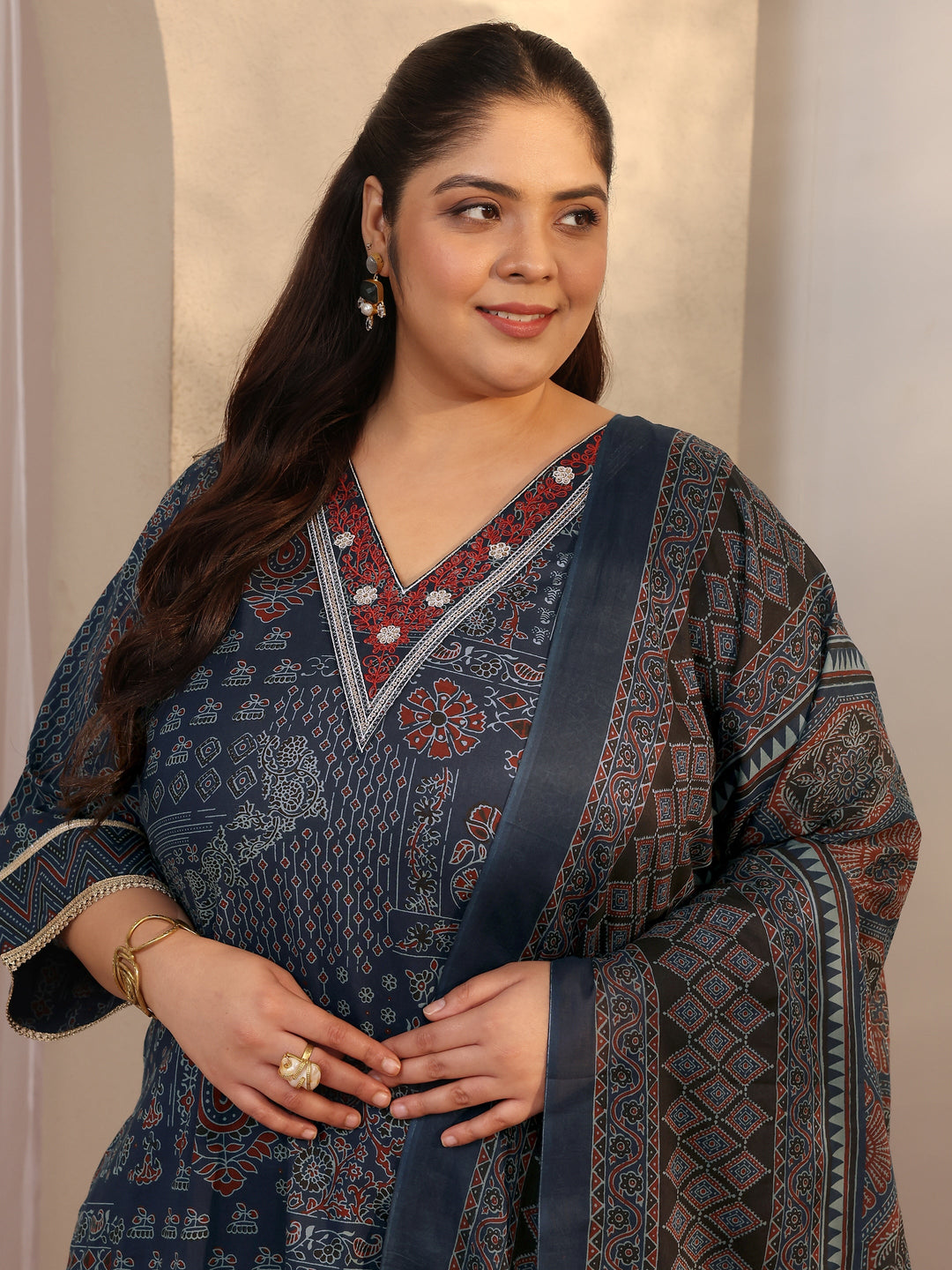 Plus Size Blue Printed Cotton Straight Suit Set With Dupatta