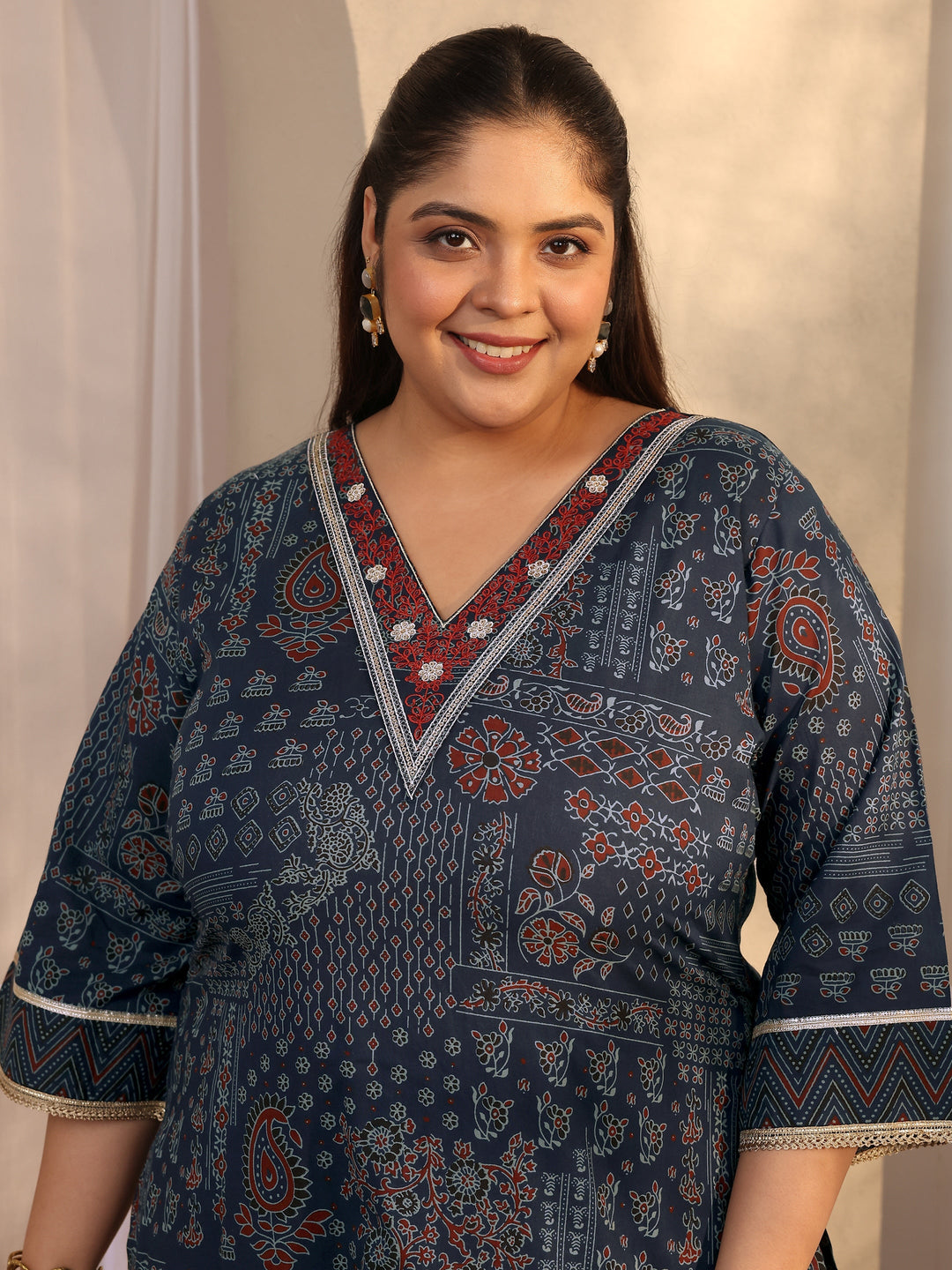 Plus Size Blue Printed Cotton Straight Suit Set With Dupatta