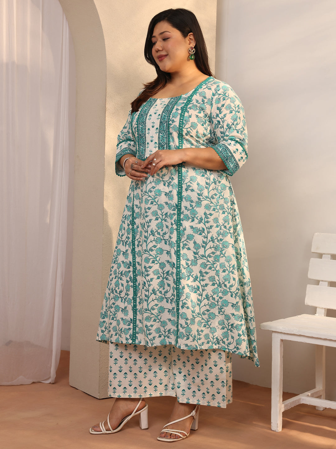 Plus Size Blue Printed Cotton A-line Suit Set With Dupatta