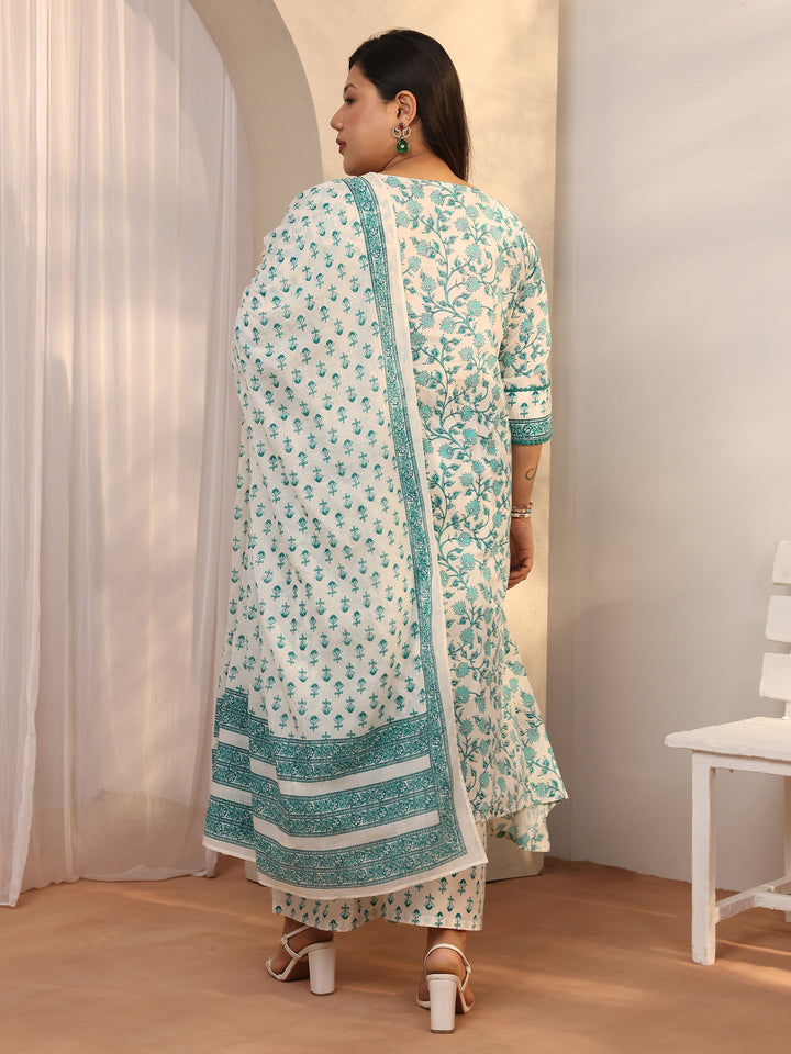 Plus Size Blue Printed Cotton A-line Suit Set With Dupatta