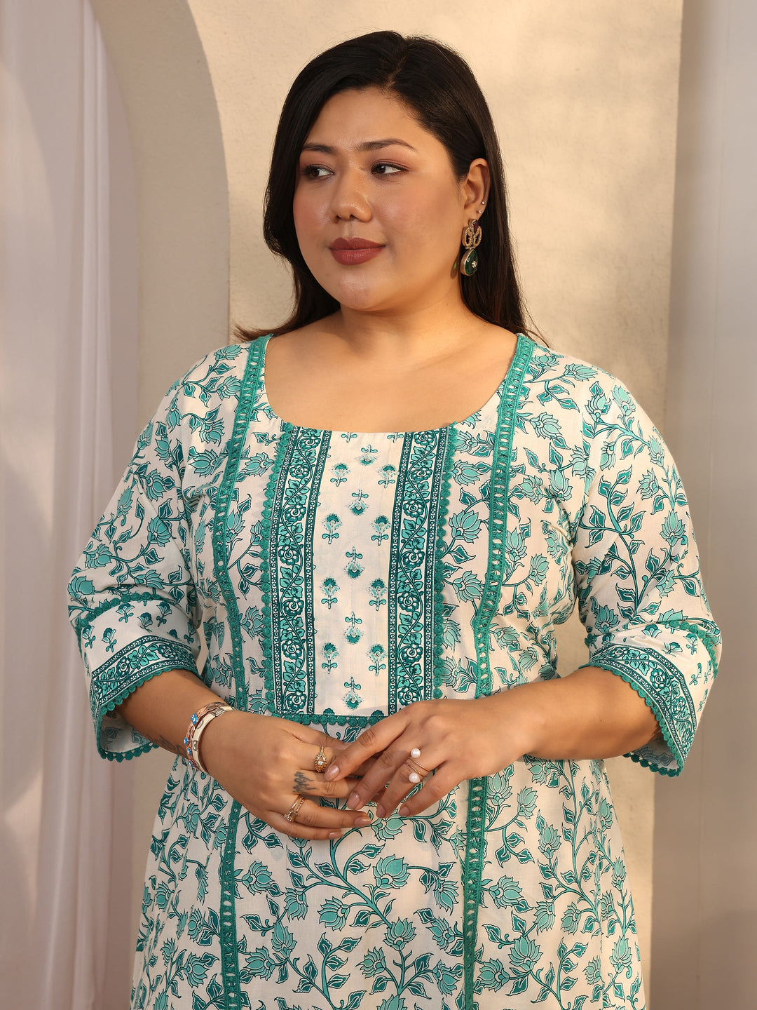 Plus Size Blue Printed Cotton A-line Suit Set With Dupatta