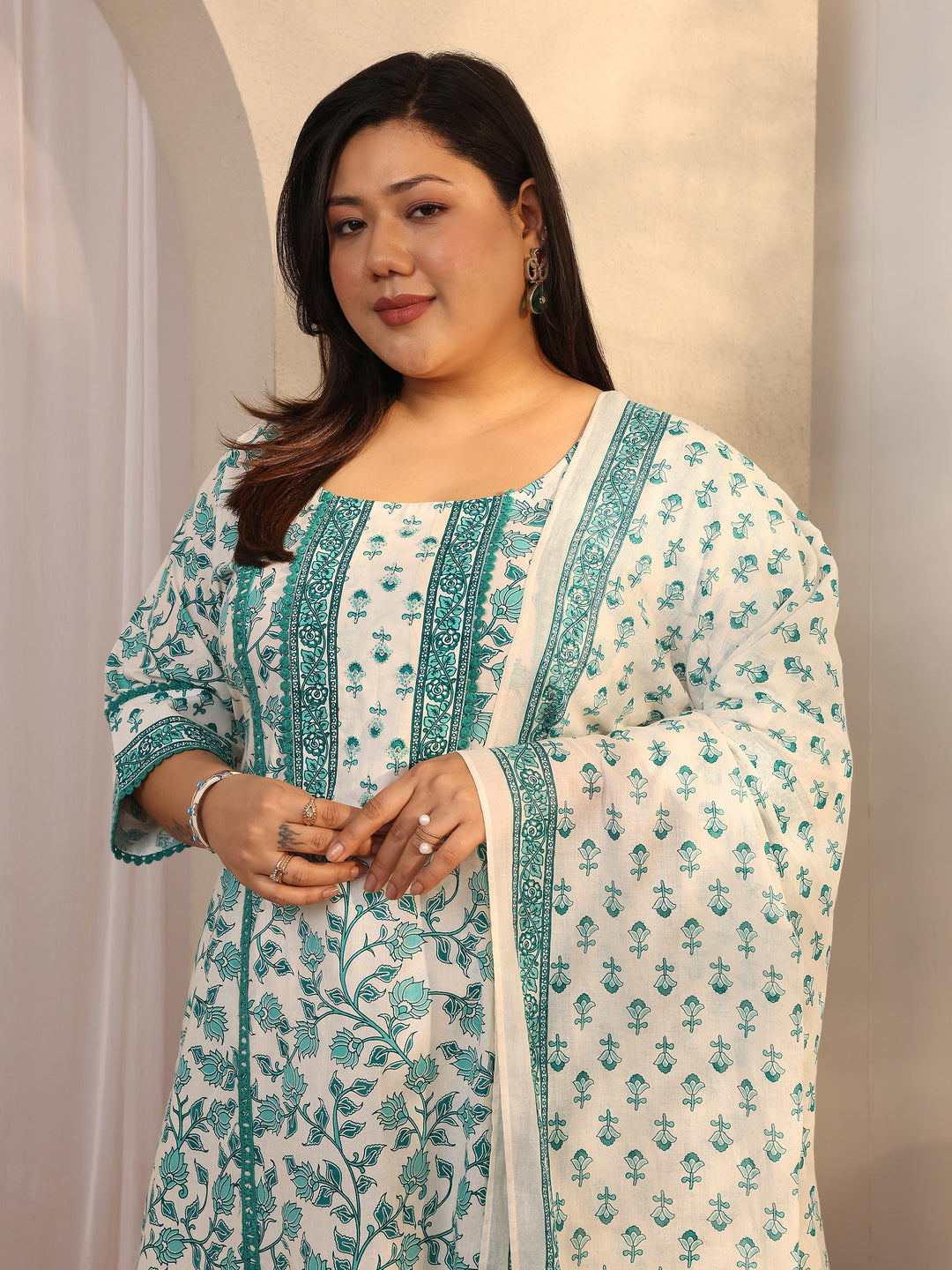 Plus Size Blue Printed Cotton A-line Suit Set With Dupatta