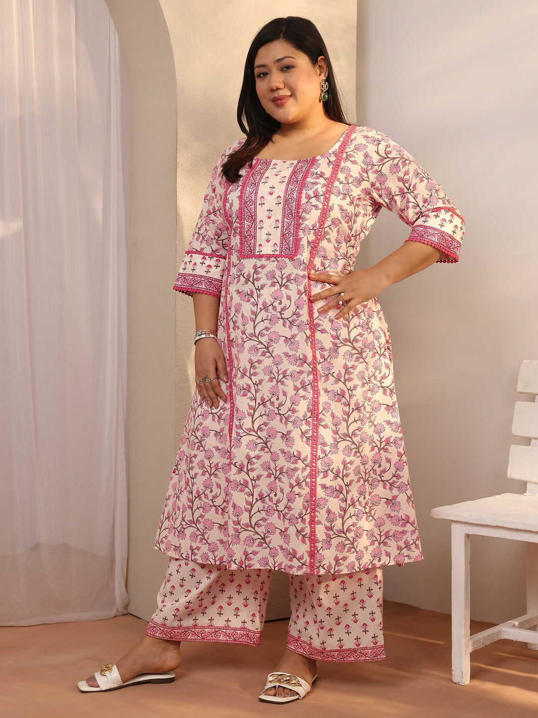 Plus Size Peach Printed Cotton A-line Suit Set With Dupatta